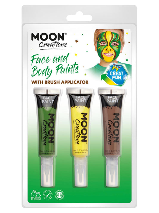 Moon Creations Face & Body Paints and Brush, 15ml Clamshell, Jungle - Yellow, Green, Brown