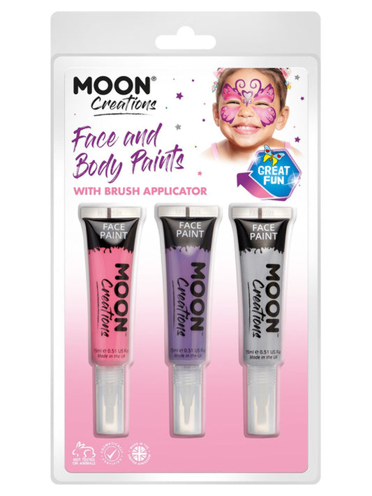 Moon Creations Face & Body Paints and Brush, 15ml Clamshell, Princess - Pink, Purple, Grey