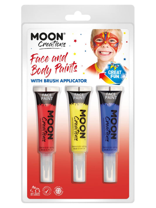 Moon Creations Face & Body Paints and Brush, 15ml Clamshell, Superhero - Red, Yellow, Blue