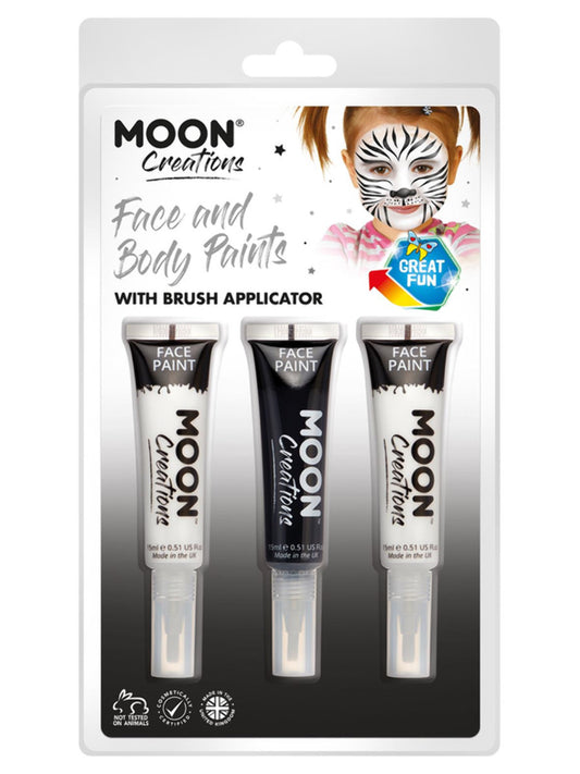 Moon Creations Face & Body Paints and Brush, 15ml Clamshell, Monochrome - White, Black, White