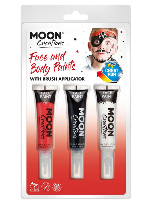 Moon Creations Face & Body Paints and Brush, 15ml Clamshell, Pirate - Red, Black, White
