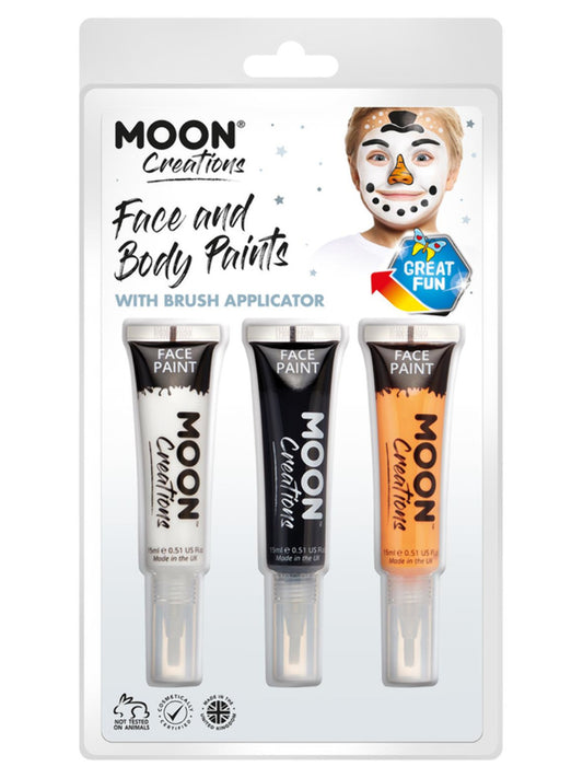 Moon Creations Face & Body Paints and Brush, 15ml Clamshell, Snowman - White, Black, Orange