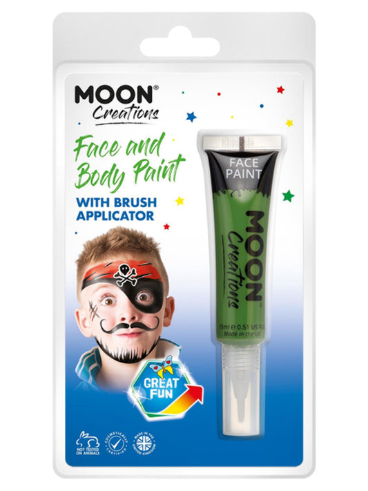 Moon Creations Face & Body Paints, Green, with Brush Applicator, 15ml Clamshell
