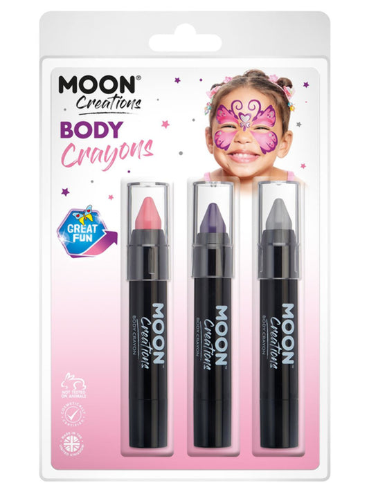 Moon Creations Body Crayons, 3.2g Clamshell, Princess - Pink, Purple, Grey