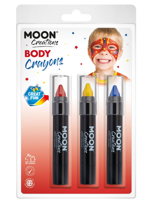Moon Creations Body Crayons, 3.2g Clamshell, Superhero - Red, Yellow, Blue