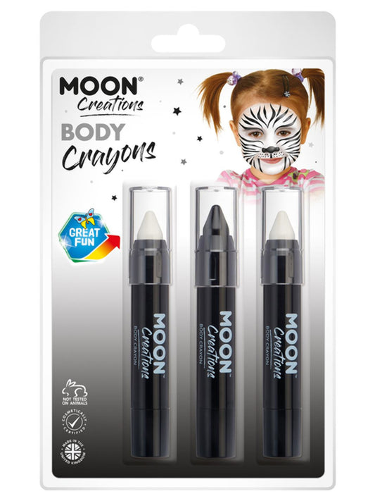 Moon Creations Body Crayons, 3.2g Clamshell, Monochrome - White, Black, White