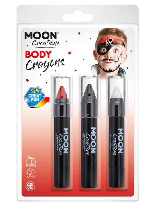 Moon Creations Body Crayons, 3.2g Clamshell, Pirate - Red, Black, White
