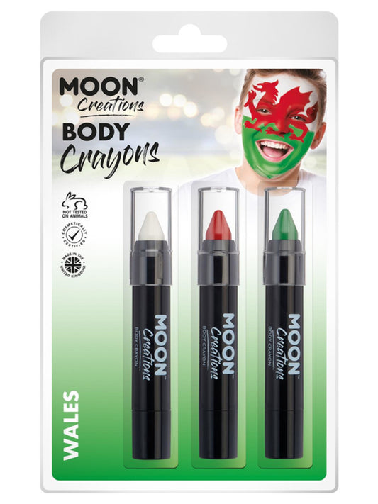 Moon Creations Body Crayons, 3.2g Clamshell, Wales - White, Red, Green