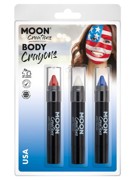 Moon Creations Body Crayons, 3.2g Clamshell, USA - Red, White, Dark Blue