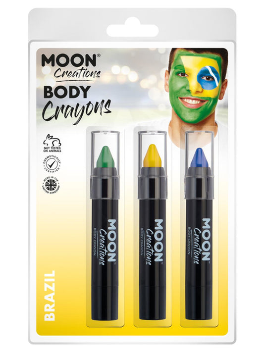 Moon Creations Body Crayons, 3.2g Clamshell, Brazil - Green, Yellow, Dark Blue
