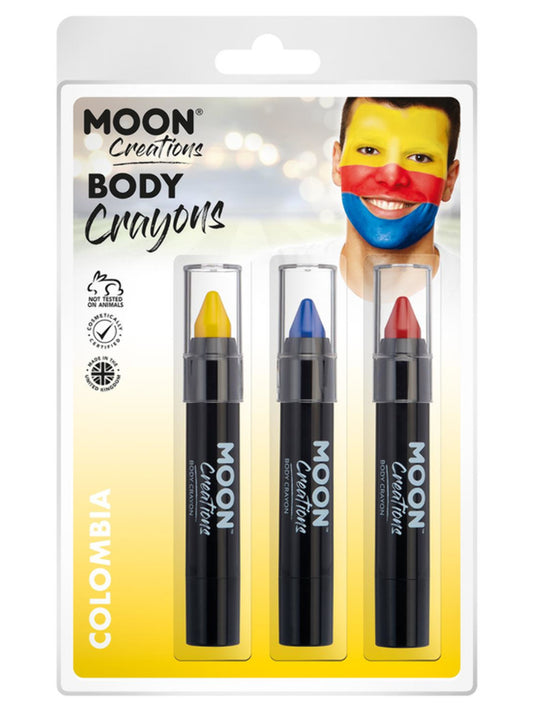 Moon Creations Body Crayons, 3.2g Clamshell, Colombia - Yellow, Dark Blue, Red
