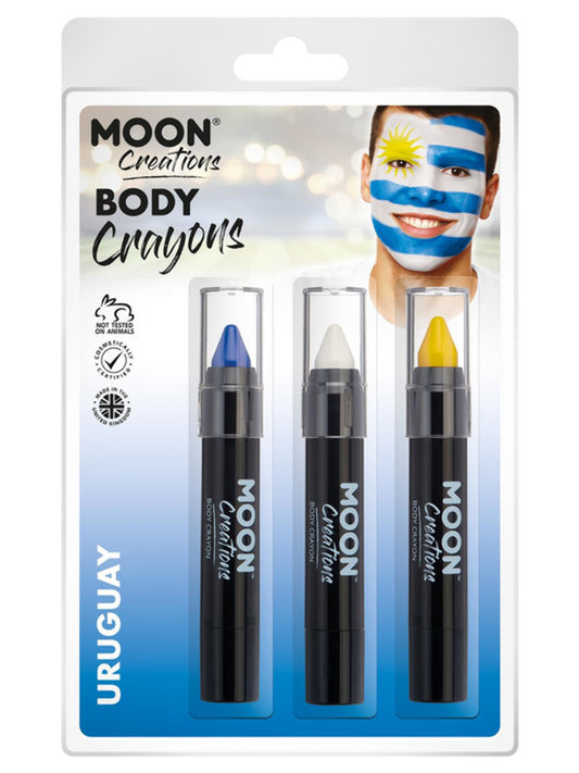 Moon Creations Body Crayons, 3.2g Clamshell, Uruguay - Dark Blue, White, Yellow
