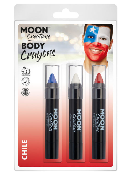 Moon Creations Body Crayons, 3.2g Clamshell, Chile - Dark Blue, White, Red