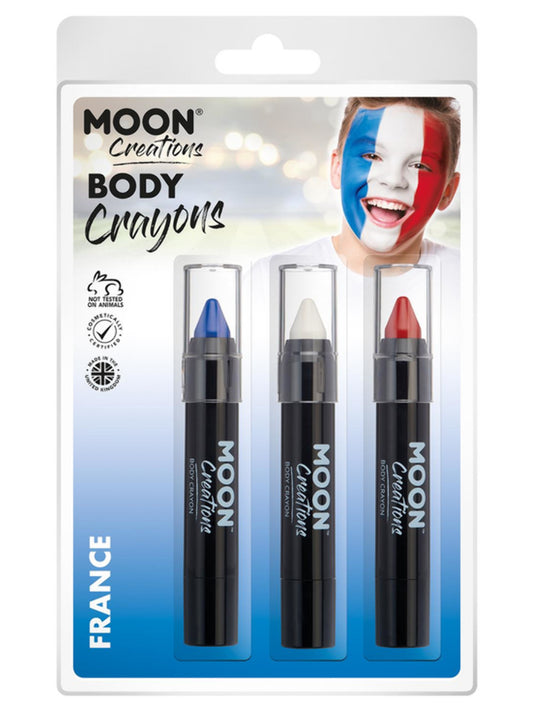 Moon Creations Body Crayons, 3.2g Clamshell, France - Dark Blue, White, Red