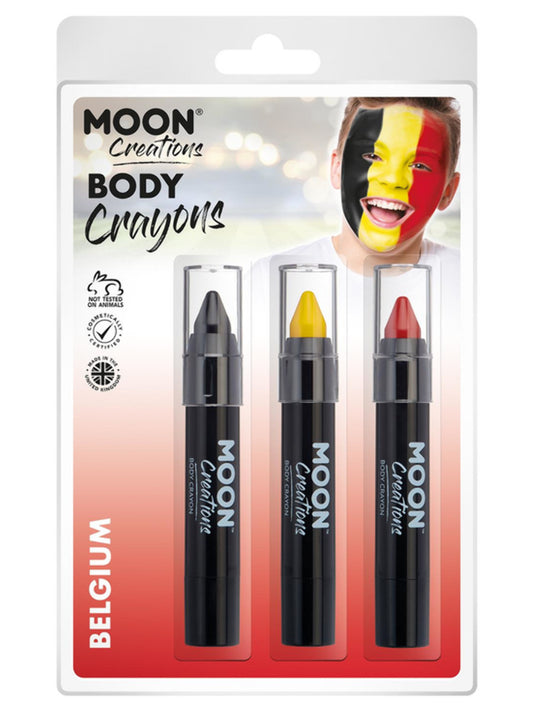 Moon Creations Body Crayons, 3.2g Clamshell, Belguim - Black, Yellow, Red
