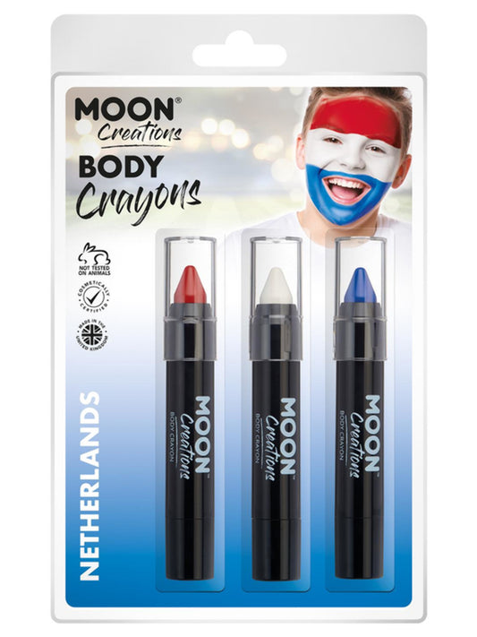 Moon Creations Body Crayons, 3.2g Clamshell, Netherlands - Red, White, Blue