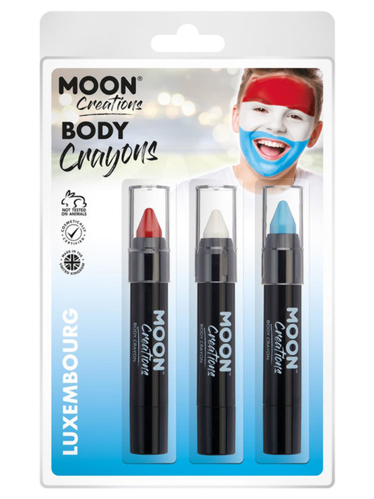 Moon Creations Body Crayons, 3.2g Clamshell, Luxembourg - Red, White, Blue