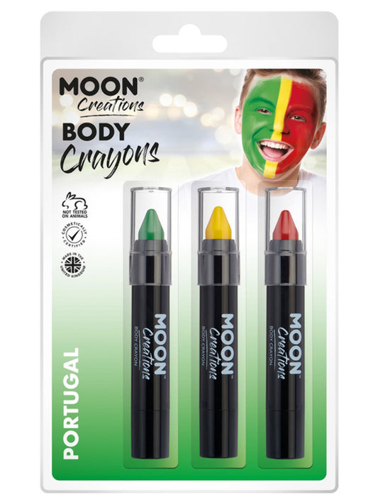 Moon Creations Body Crayons, 3.2g Clamshell, Portugal - Green, Yellow, Red
