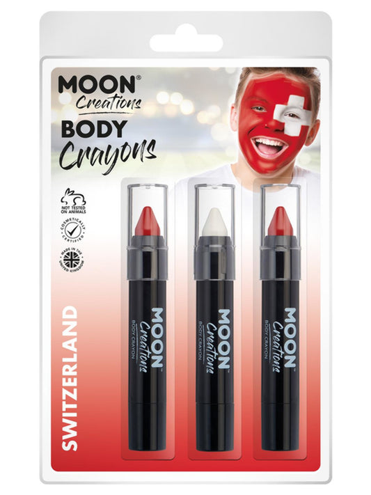 Moon Creations Body Crayons, 3.2g Clamshell, Switzerland - Red, White, Red