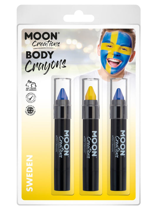 Moon Creations Body Crayons, 3.2g Clamshell, Sweden - Blue, Yellow, Blue