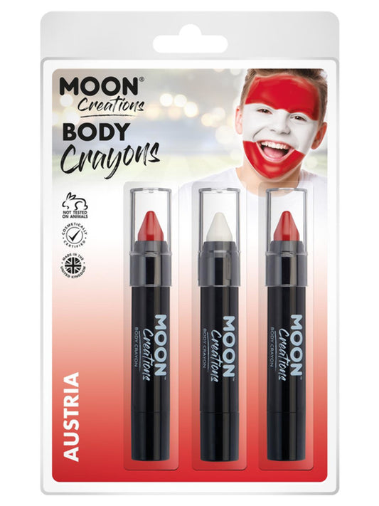Moon Creations Body Crayons, 3.2g Clamshell, Austria - Red, White, Red