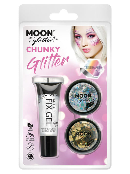 Moon Glitter Holographic Chunky Glitter, Clamshell, 3g - Fix Gel, Silver, Gold