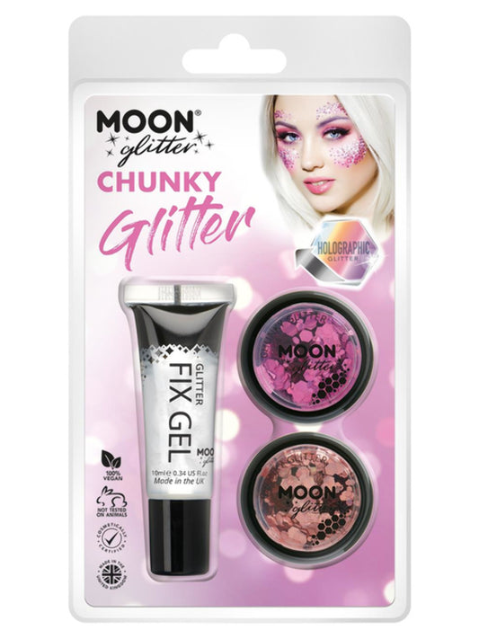 Moon Glitter Holographic Chunky Glitter, Clamshell, 3g - Fix Gel, Pink, Rose Gold