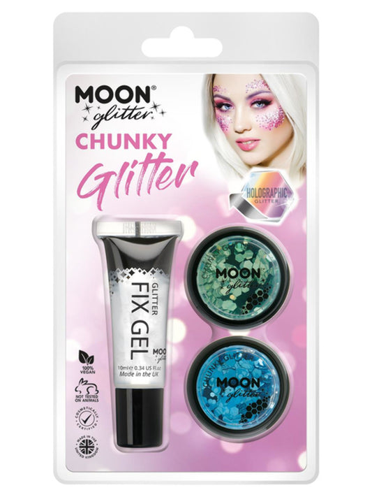 Moon Glitter Holographic Chunky Glitter, Clamshell, 3g - Fix Gel, Green, Blue