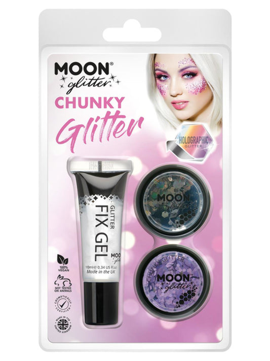 Moon Glitter Holographic Chunky Glitter, Clamshell, 3g - Fix Gel, Black, Purple