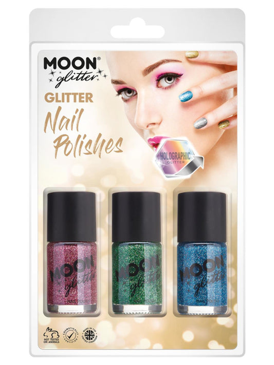 Moon Glitter Holographic Nail Polish, Clamshell, 14ml - Pink, Green, Blue