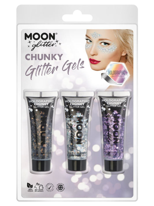 Moon Glitter Holographic Chunky Glitter Gel, Clamshell, 12ml - Black, Silver, Purple