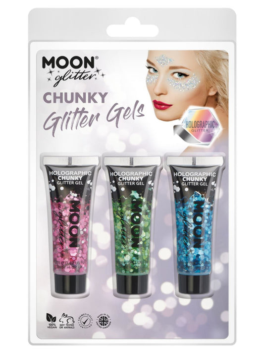 Moon Glitter Holographic Chunky Glitter Gel, Clamshell, 12ml - Pink, Green, Blue