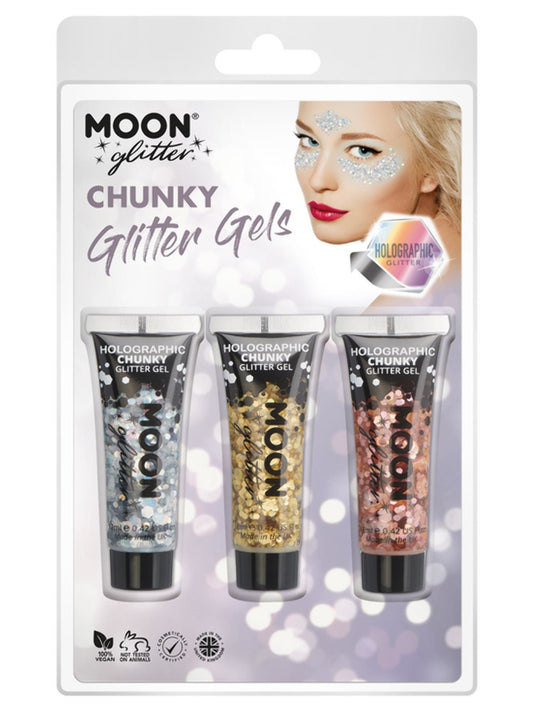 Moon Glitter Holographic Chunky Glitter Gel, Clamshell, 12ml - Silver, Gold, Rose Gold