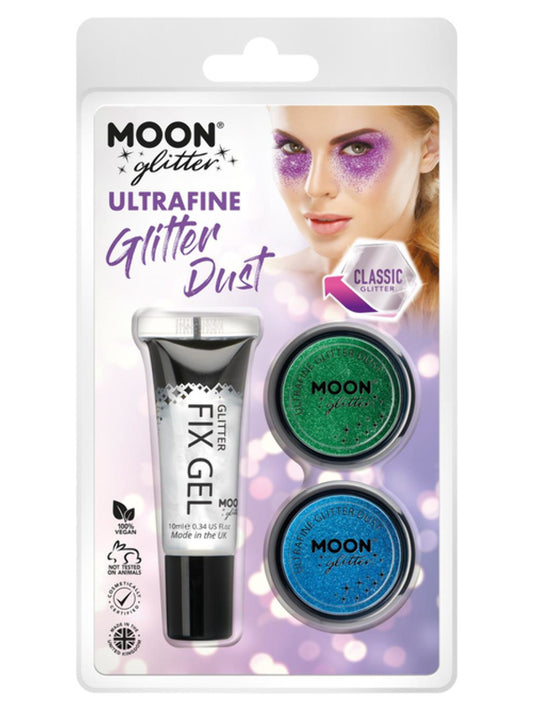 Moon Glitter Classic Ultrafine Glitter Dust, Clamshell, 5g - Fix Gel, Green, Blue
