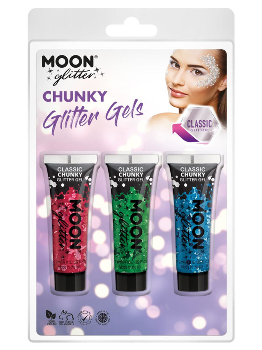 Moon Glitter Classic Chunky Glitter Gel, Clamshell, 12ml - Red, Green, Blue