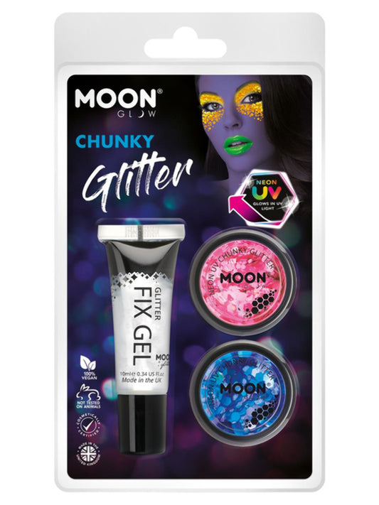 Moon Glow - Neon UV Chunky Glitter, 3g Clamshell - Fix Gel, Hot Pink, Blue