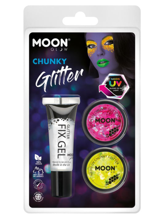 Moon Glow - Neon UV Chunky Glitter, 3g Clamshell - Fix Gel, Magenta, Yellow
