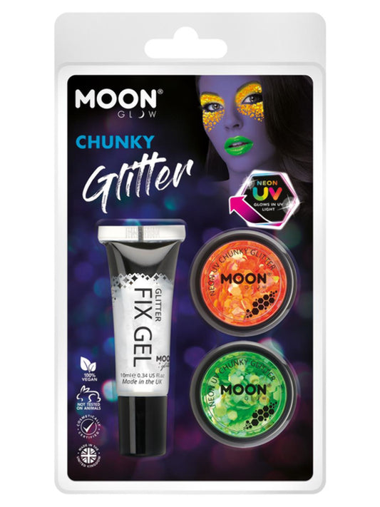 Moon Glow - Neon UV Chunky Glitter, 3g Clamshell - Fix Gel, Orange, Green