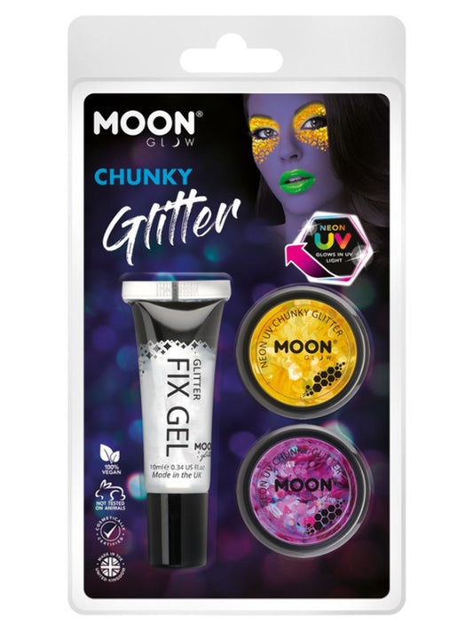 Moon Glow - Neon UV Chunky Glitter, 3g Clamshell - Fix Gel, Golden Yellow, Purple