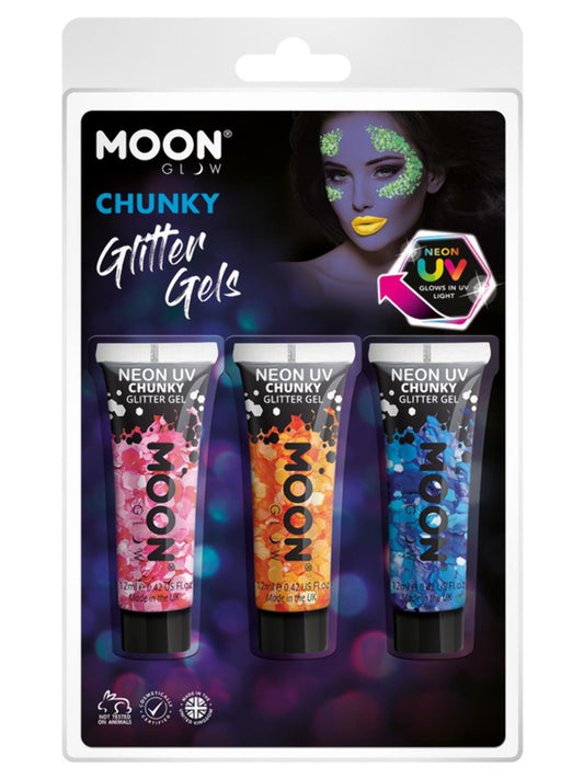 Moon Glow - Neon UV Chunky Glitter Gel, 12ml Clamshell - Hot Pink, Orange, Blue