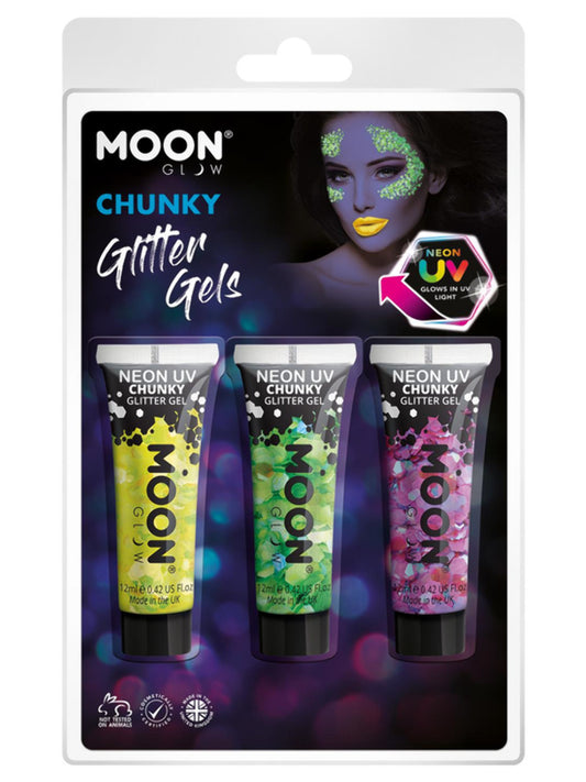 Moon Glow - Neon UV Chunky Glitter Gel, 12ml Clamshell - Yellow, Green, Purple