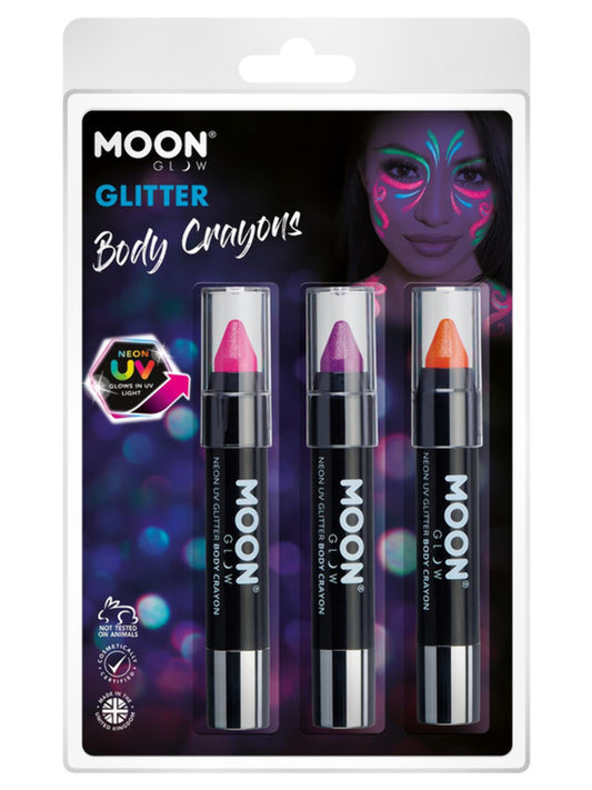 Moon Glow - Neon UV Glitter Body Crayons, 3.2g Clamshell - Magenta, Purple, Orange