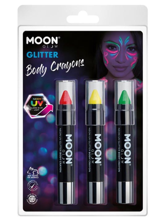 Moon Glow - Neon UV Glitter Body Crayons, 3.2g Clamshell - Red, Yellow, Green