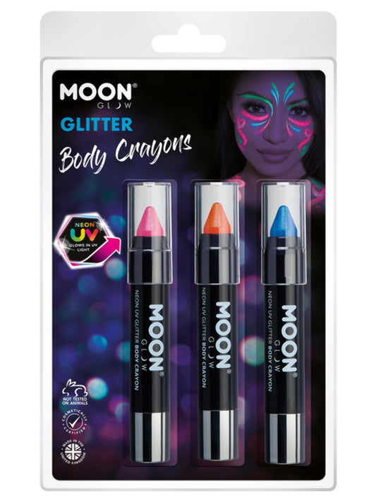 Moon Glow - Neon UV Glitter Body Crayons, 3.2g Clamshell - Hot Pink, Oramge, Blue