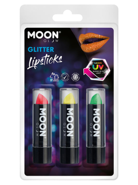 Moon Glow - Neon UV Glitter Lipstick, 4.2g Clamshell - Red, Yellow, Green