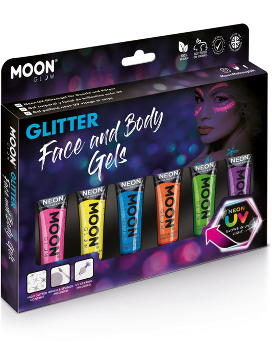 Moon Glow Neon UV Fine Glitter Gel, Assorted, Boxset, 12ml
