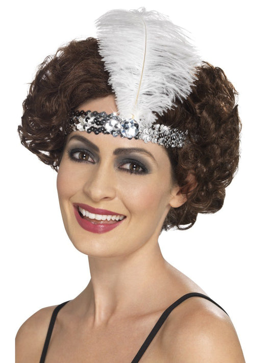 Flapper Headband, Silver, with Feather Wholesale