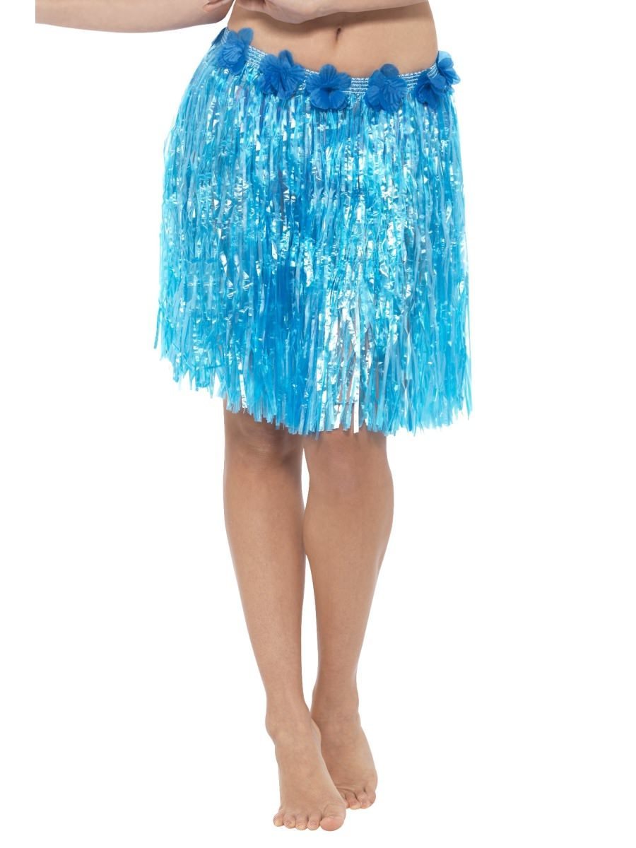 Hawaiian Hula Skirt with Flowers, Neon Blue Wholesale