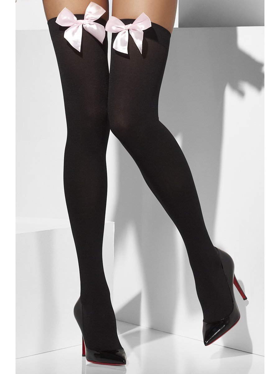 Opaque Hold-Ups, Black, with Pink Bows Wholesale