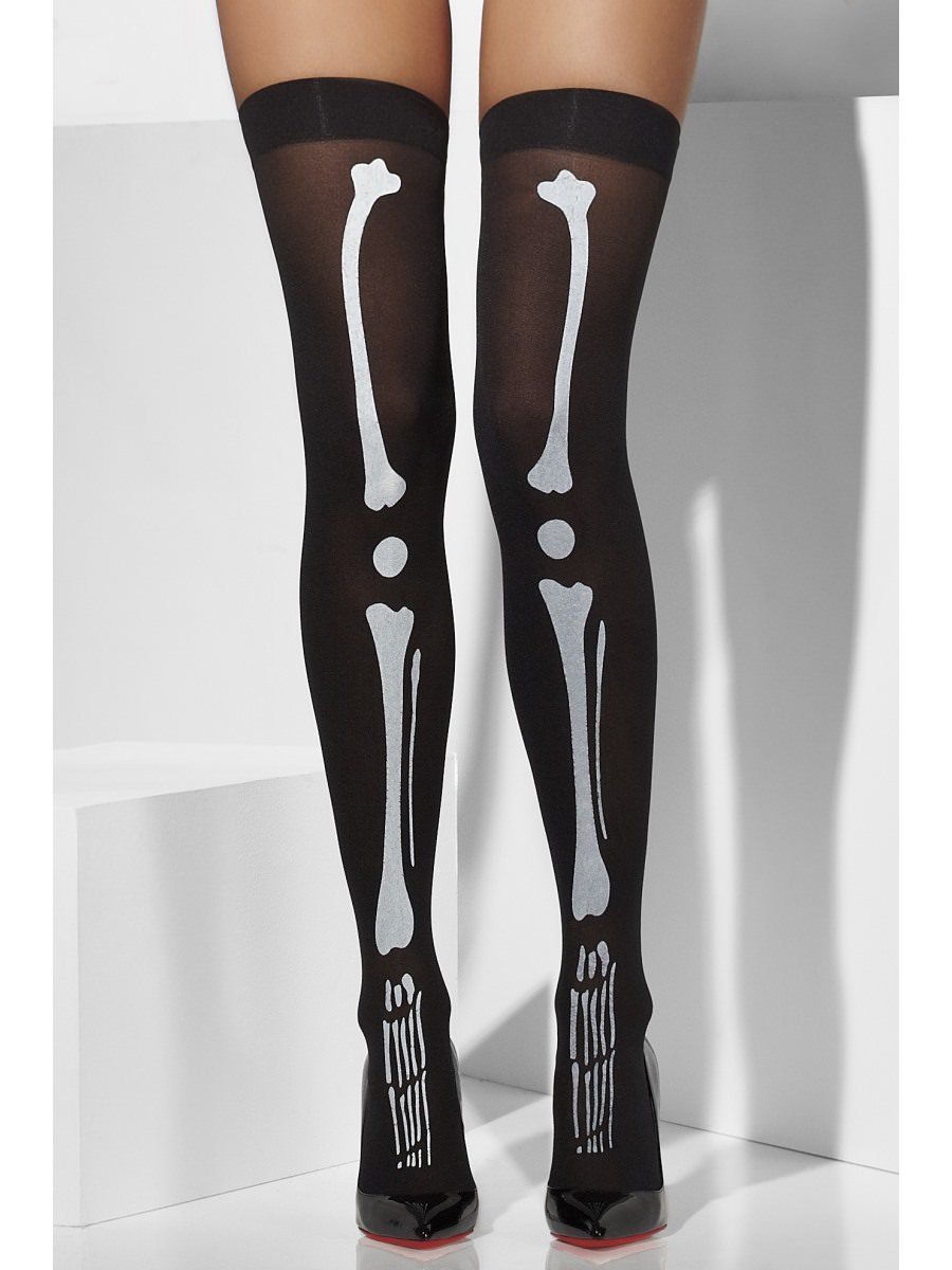 Opaque Hold-Ups, Black, with Skeleton Print Wholesale